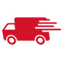 A red delivery truck is moving fast on a white background.