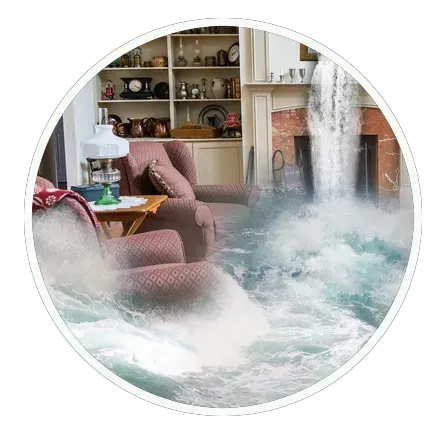 A living room is flooded with water and a fireplace.