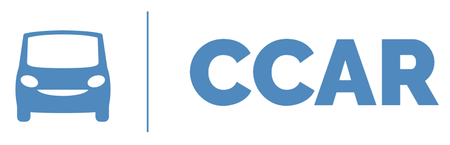 a blue logo for ccar with a smiling bus