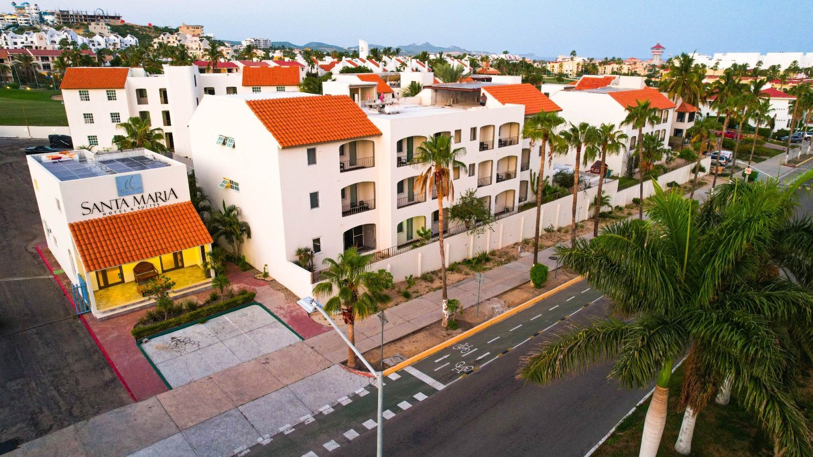An aerial view of a hotel with a palm tree in front of it