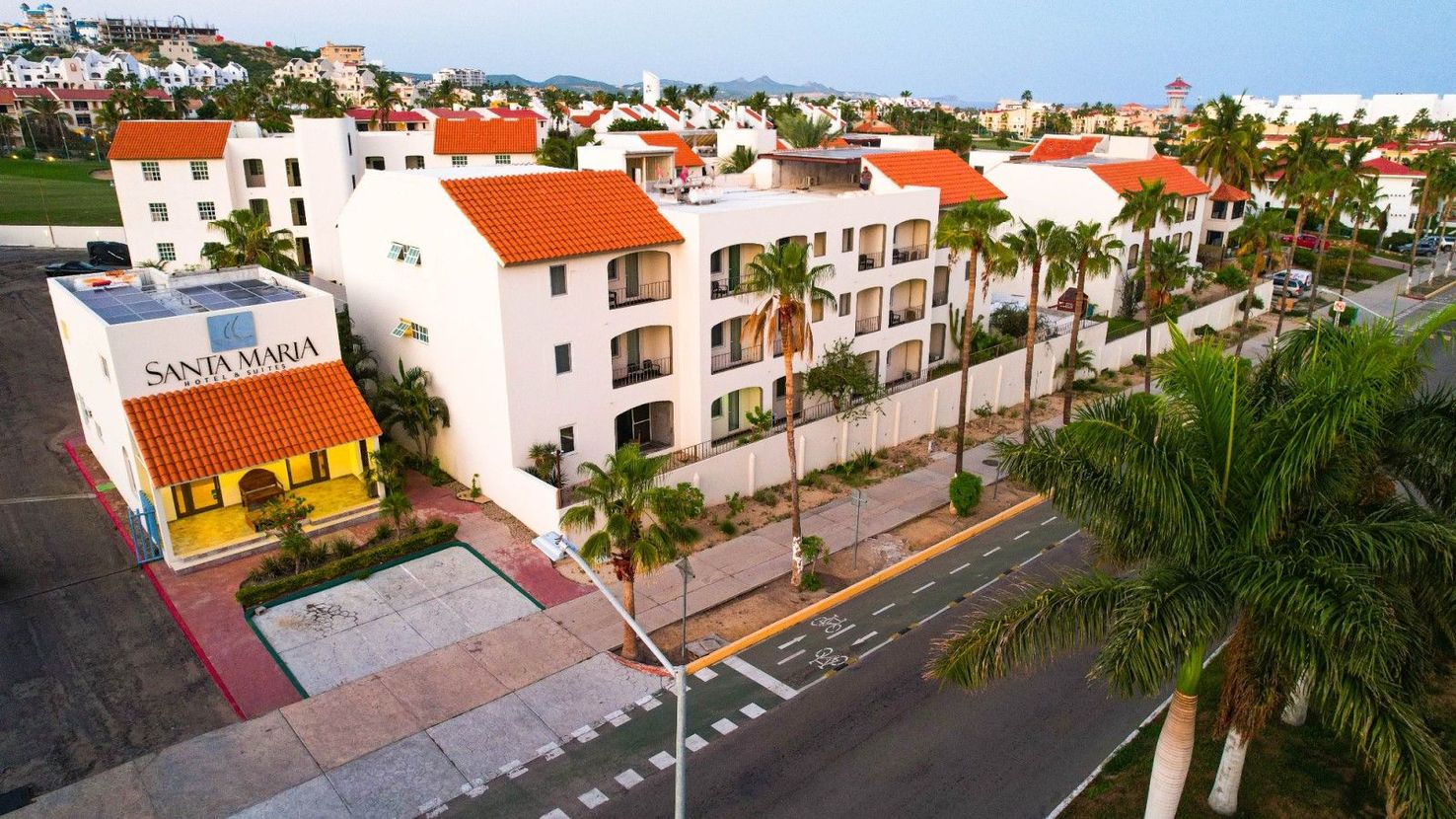 An aerial view of a hotel with a palm tree in front of it