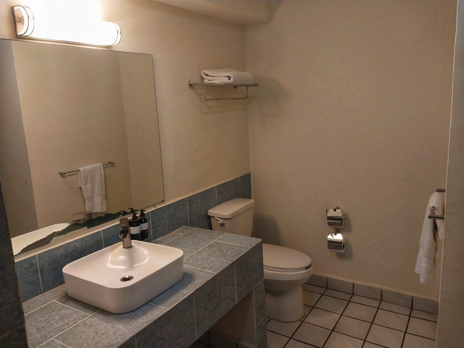 A bathroom with a sink toilet and mirror