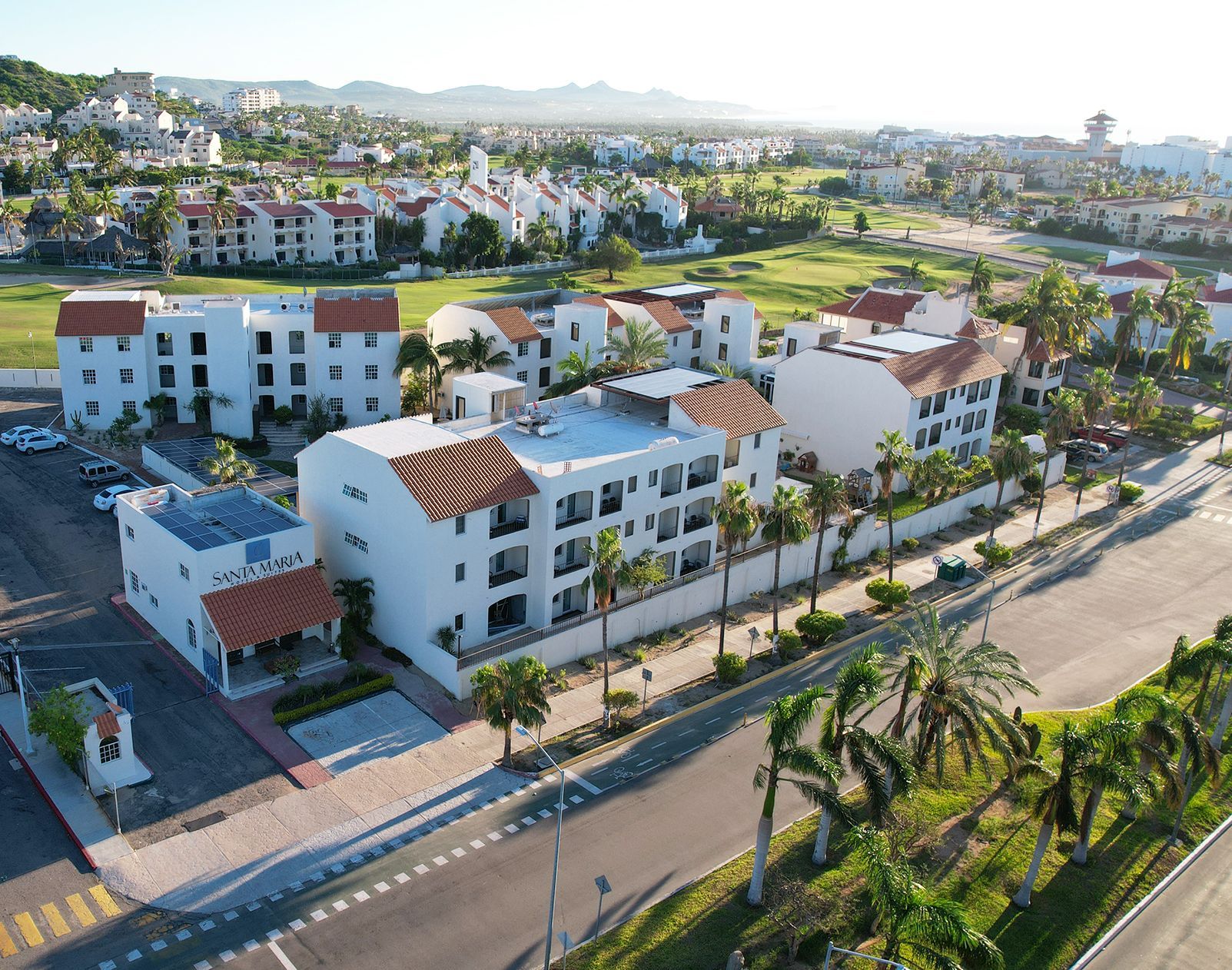 An aerial view of a city with lots of buildings and palm trees