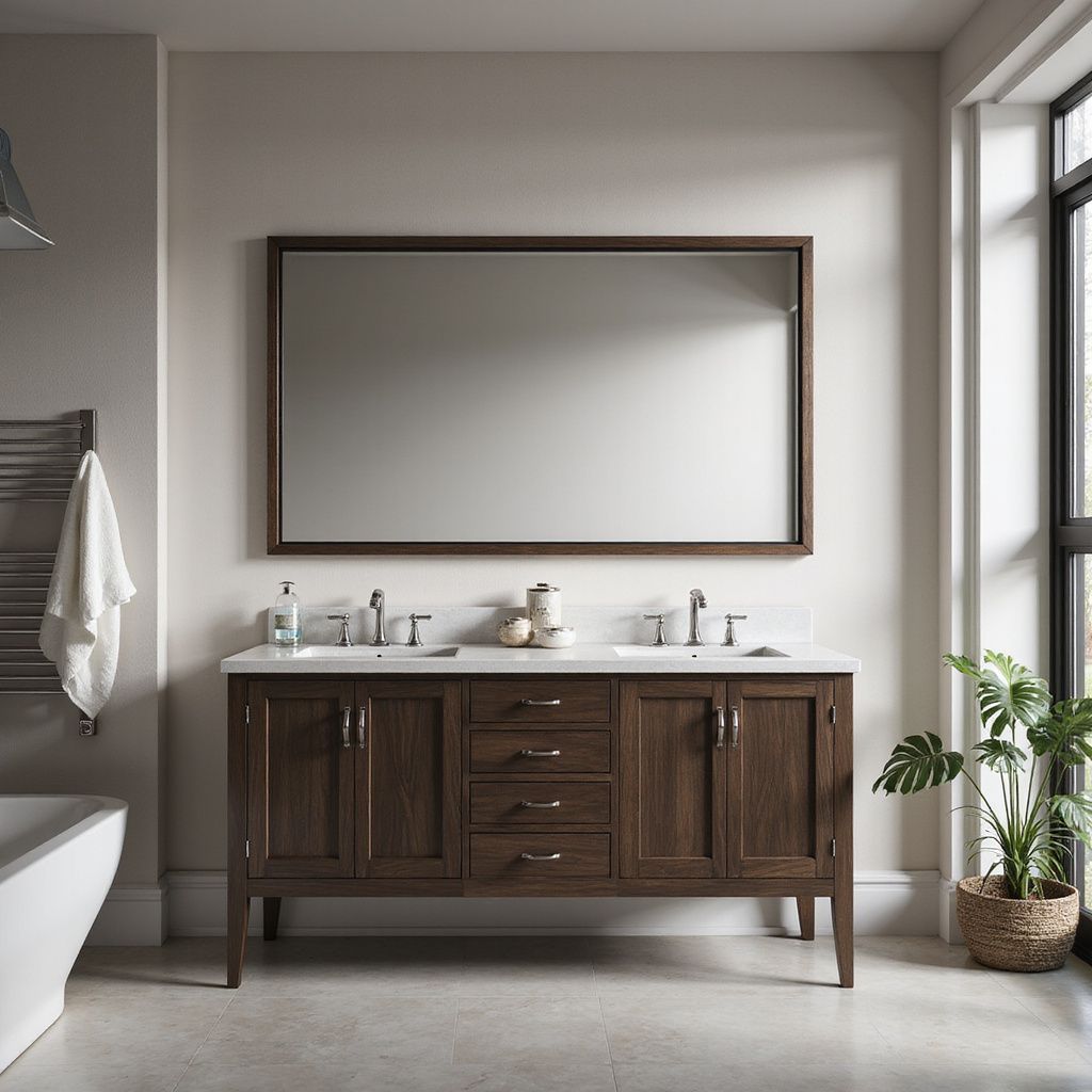 Bathroom with dark wood vanity, large mirror, white countertop, and large window.
