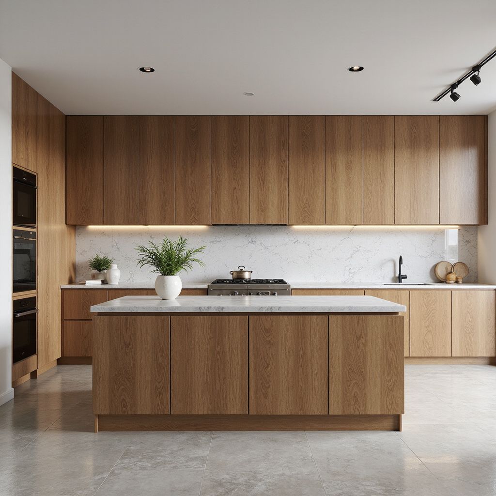 Modern kitchen with wood cabinets, marble countertop, and an island.