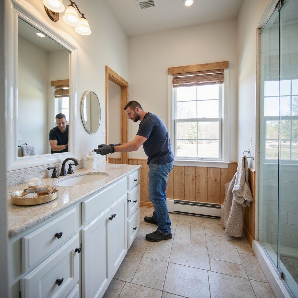 A man in a bathroom with a vanity. He is wearing gloves. The setting is light and airy.