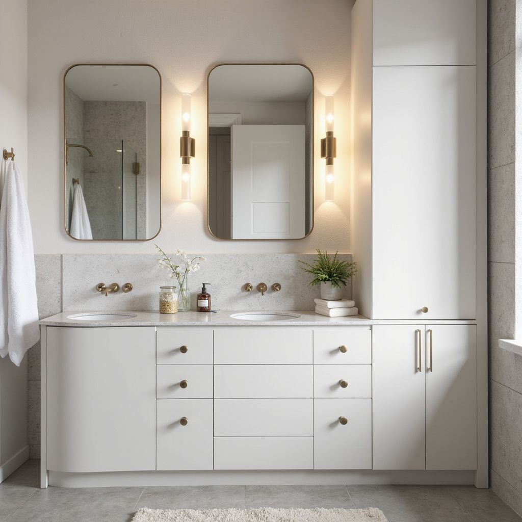 A modern bathroom with a white vanity, two mirrors, sconces, and a tall cabinet.