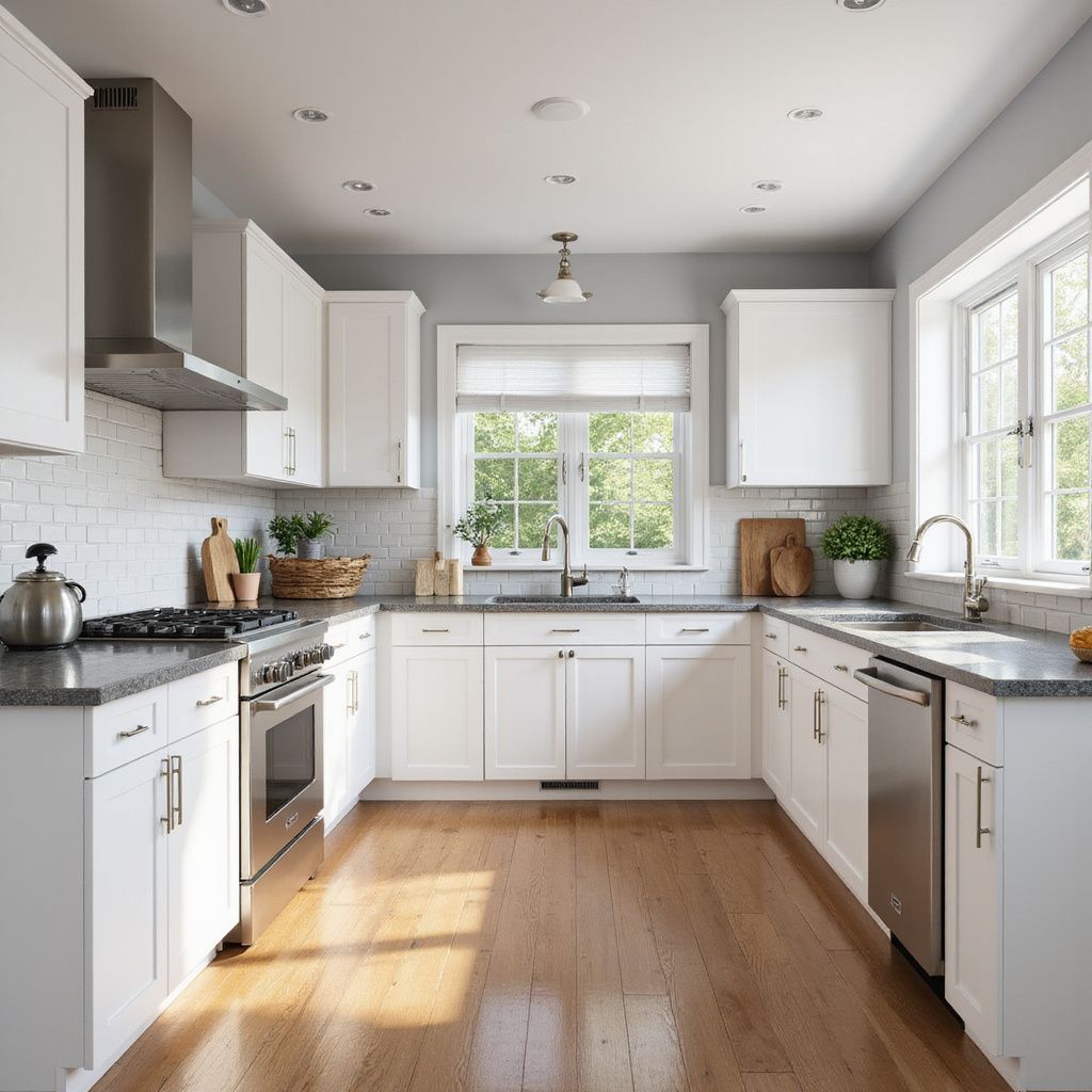 A bright, modern kitchen with white cabinets, gray countertops, and stainless steel appliances.