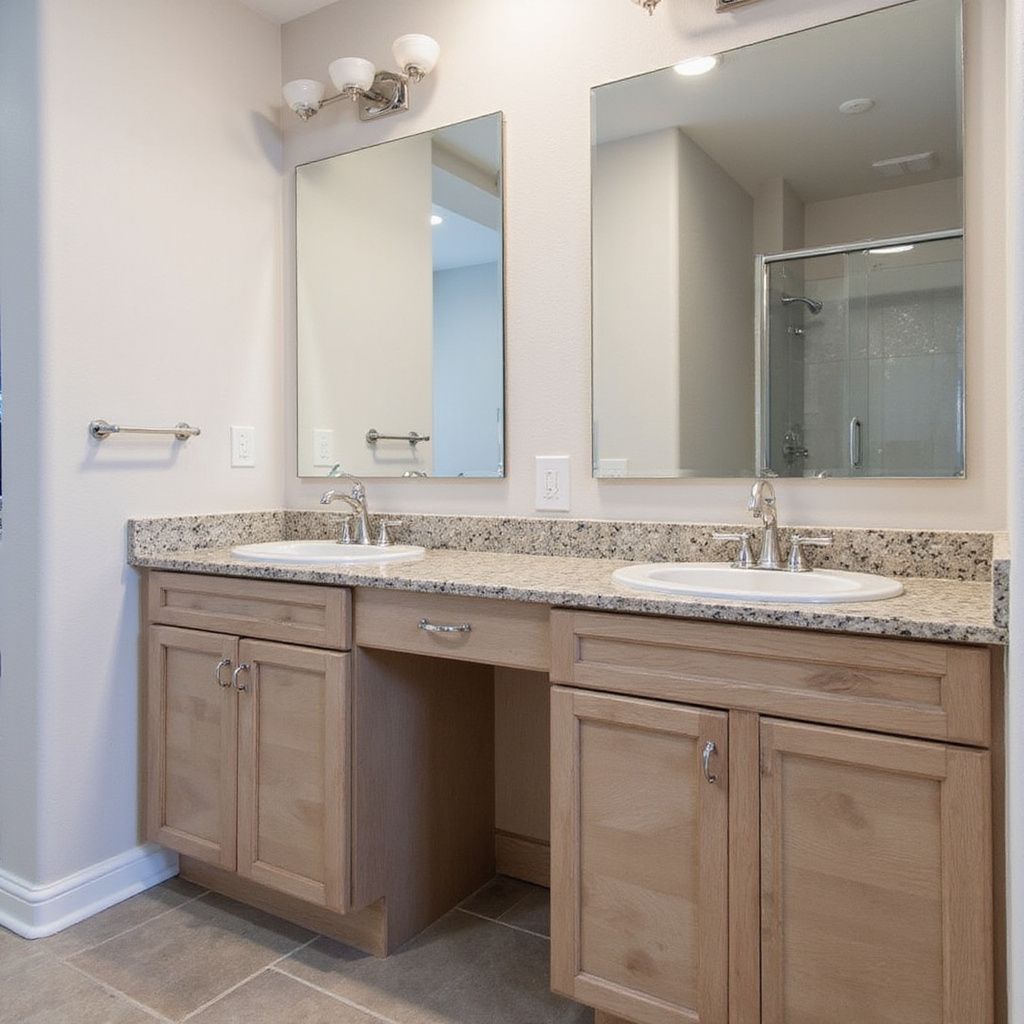 Bathroom with two sinks, beige cabinets, granite countertop, and large mirrors.