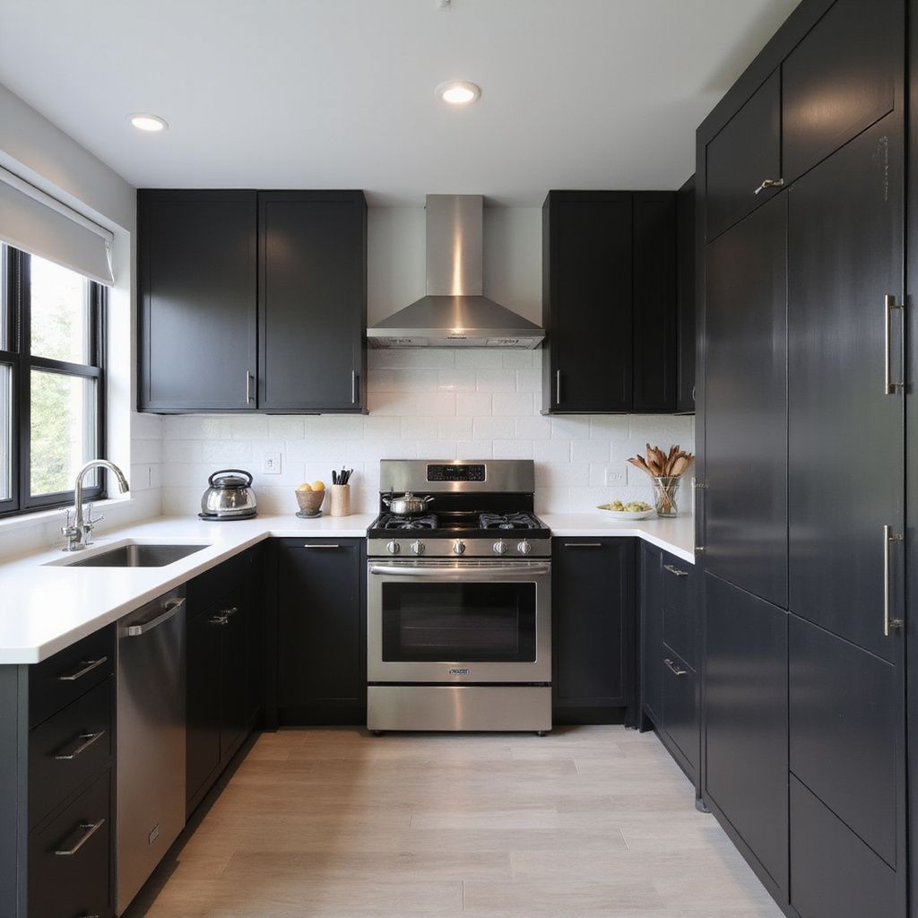 Modern black kitchen with white countertops, stainless steel appliances, and light wood flooring.