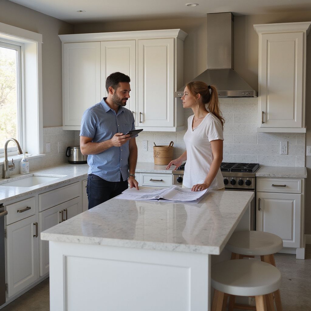 Man and woman in a white kitchen looking at papers and a tablet. They are discussing something.