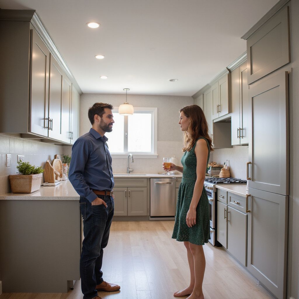 A man and woman in a modern kitchen, talking. The woman holds a drink.