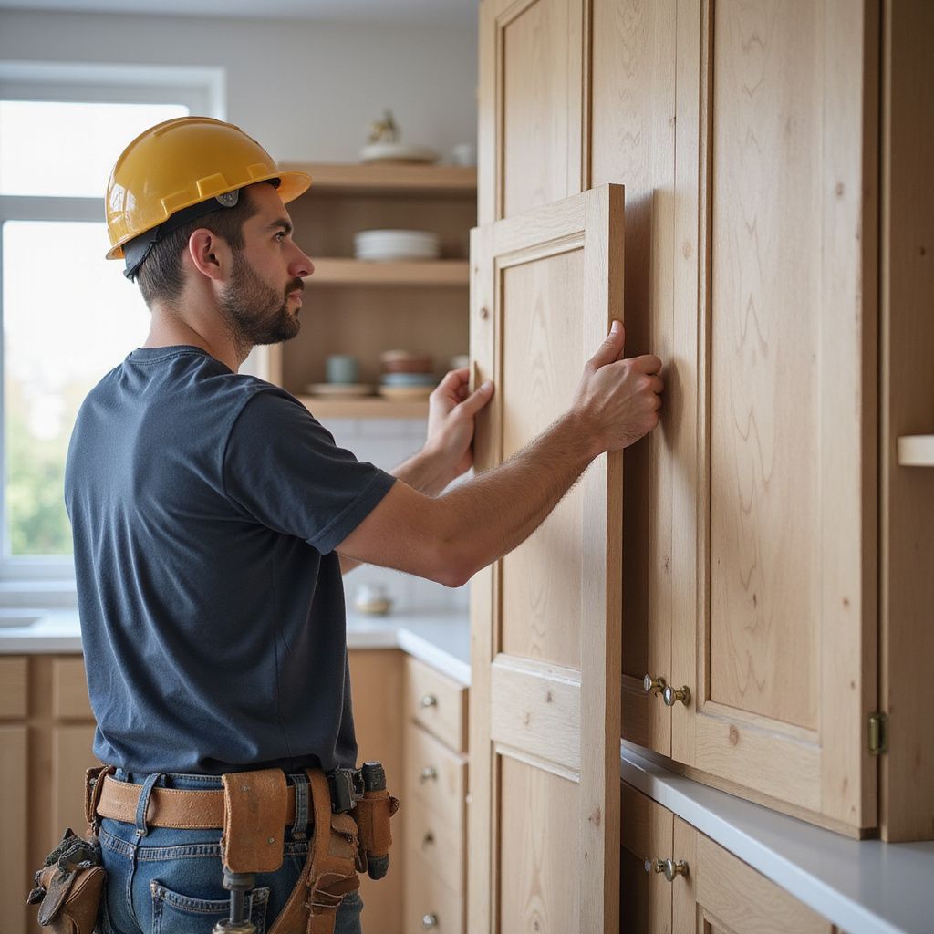 A construction worker in a hard hat installing a cabinet door in a kitchen.