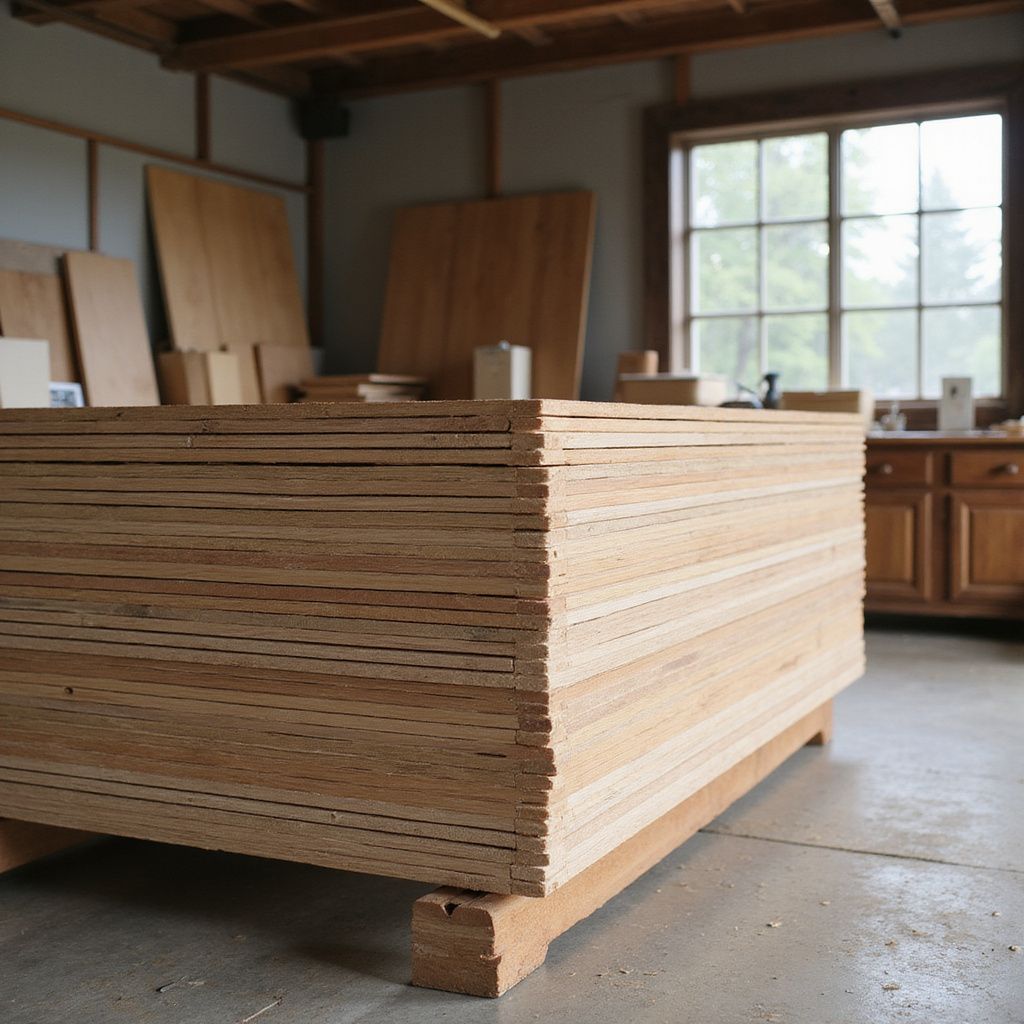 Stack of plywood sheets in a workshop, resting on a wooden pallet, with a window and cabinets in the background.