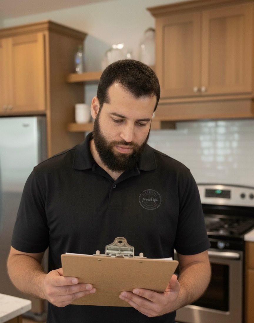 Man with a beard in a kitchen looking at a clipboard. He wears a black shirt. Cabinets, stove, and shelves in the background.