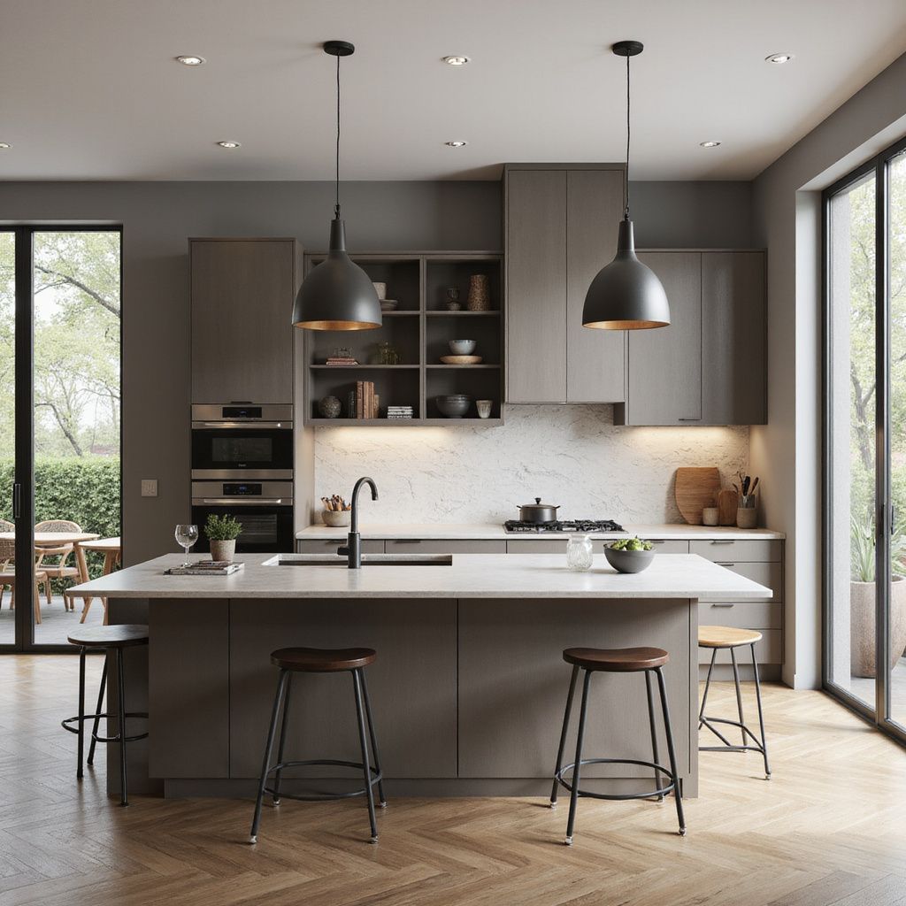Modern gray kitchen with island, pendant lights, and stools.