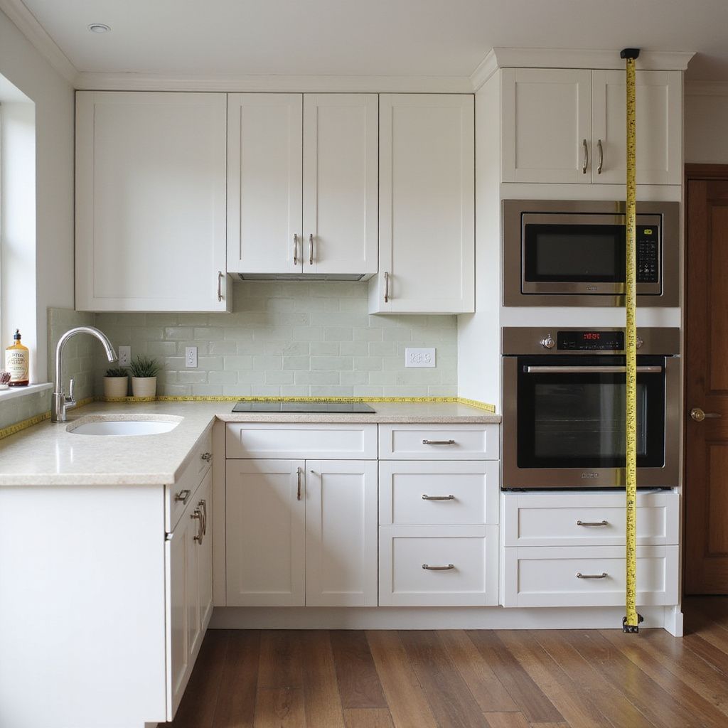 White kitchen with cabinets, appliances, and countertop. A yellow tape measure extends vertically.