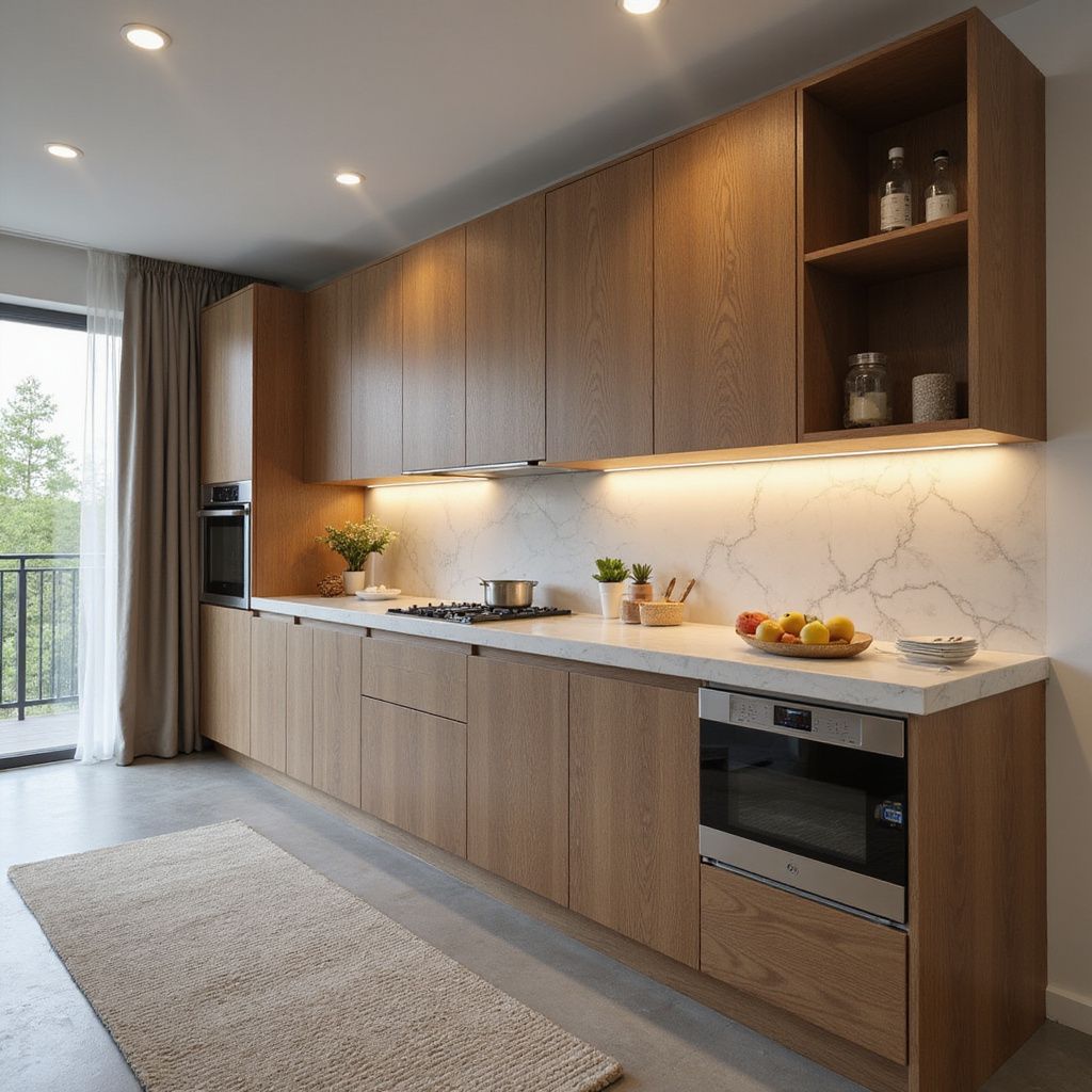 Modern kitchen with light wood cabinets, marble backsplash, and stainless steel appliances.