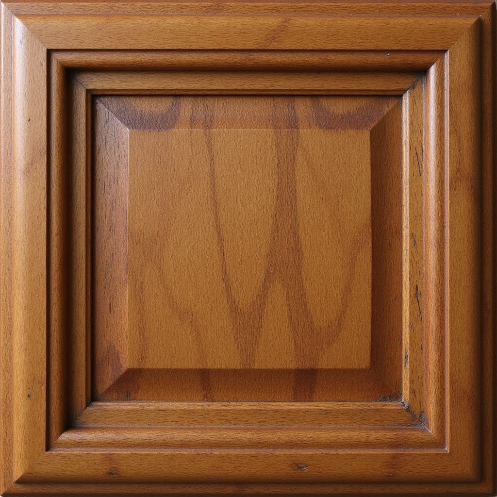 Wooden cabinet door with raised panel and layered trim, stained medium brown.