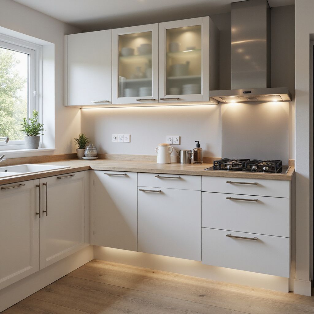 White kitchen with wood countertops and under-cabinet lighting.
