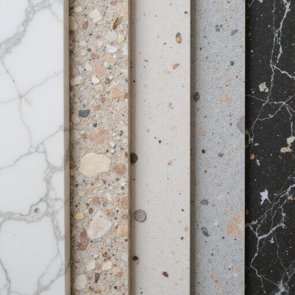 Five vertical strips of stone surfaces: white marble, tan terrazzo, light beige, speckled gray, and black marble.