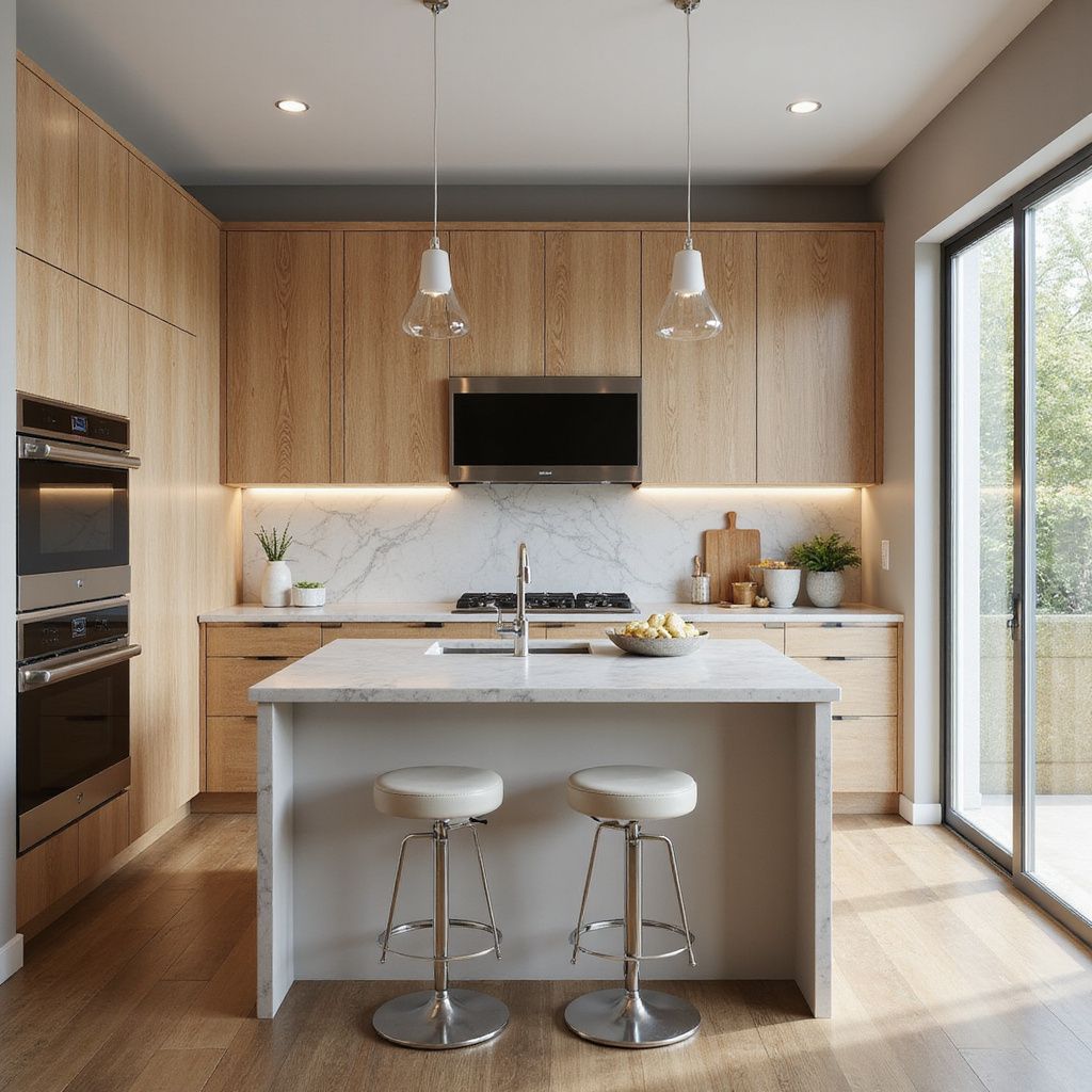 Modern kitchen with wooden cabinets, island with stools, and large window.