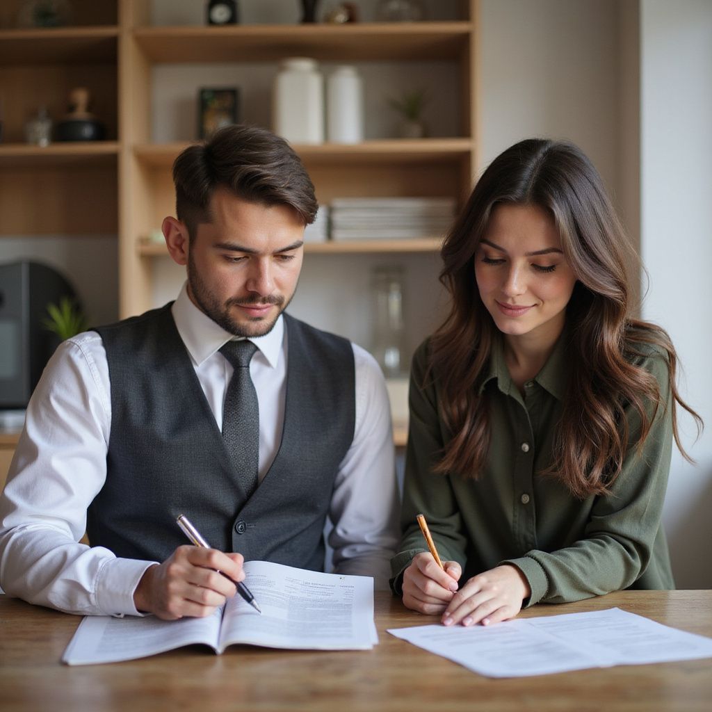 A man and woman at a table, reviewing documents, writing.  The man wears a suit vest.