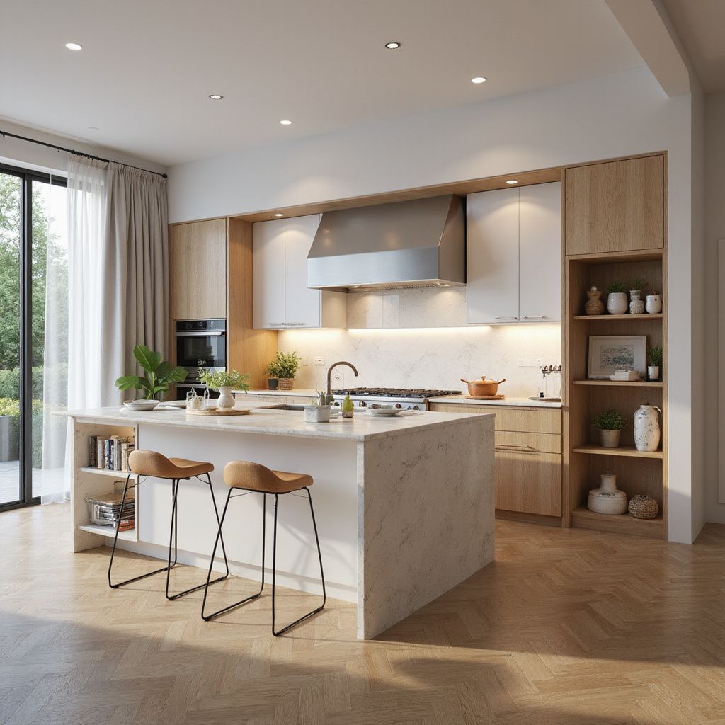 Modern kitchen with island, bar stools, stainless steel appliances, and wooden cabinets.