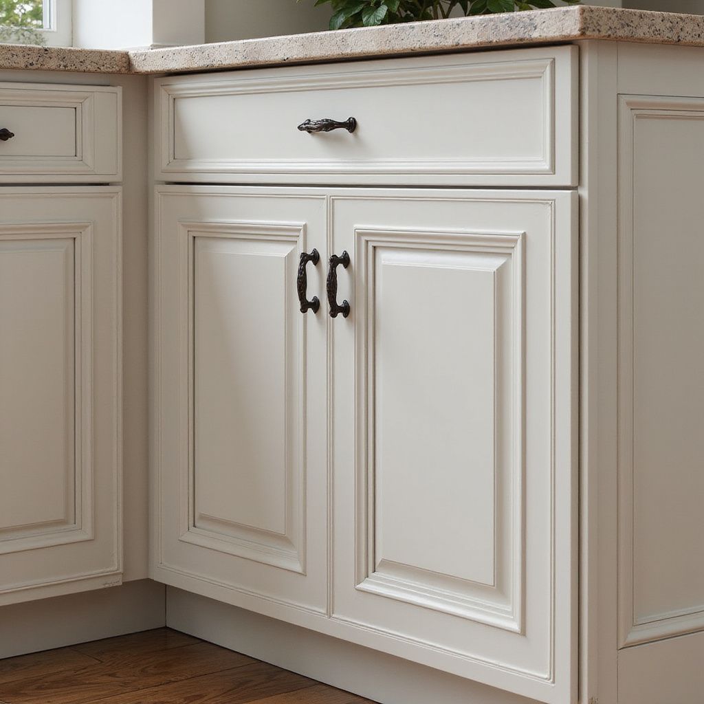 White kitchen cabinet with black hardware, beige countertop.
