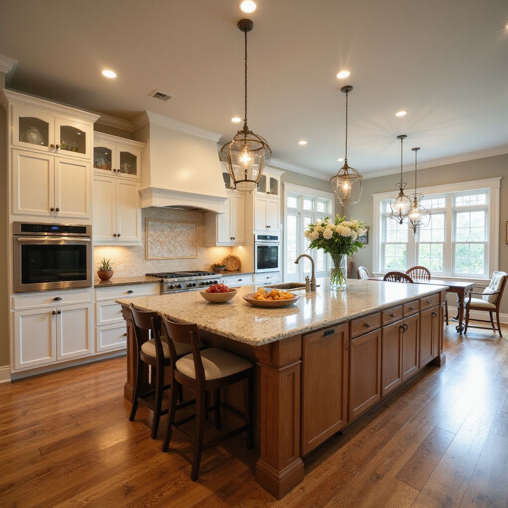 Spacious kitchen with wood floors, white cabinets, large island, and pendant lights.
