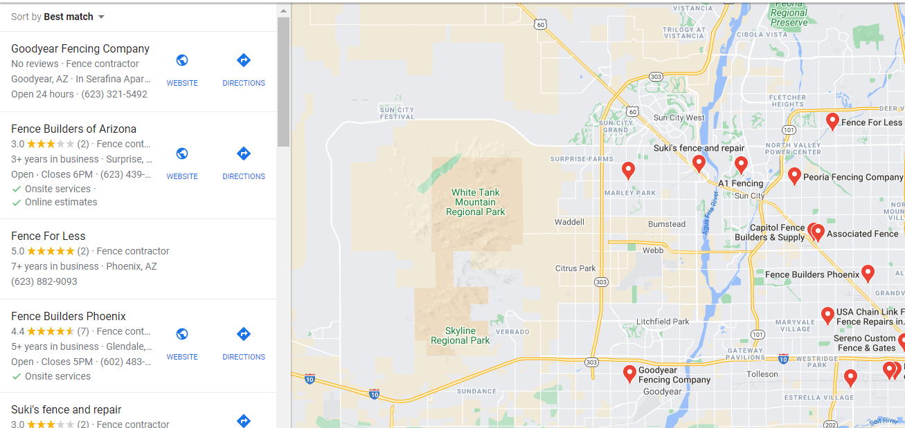 screenshot of the Google Map Pack for this fixed location search, showing the Google My Business (GMB) results and map for the new subdivision in Goodyear, Arizona I chose