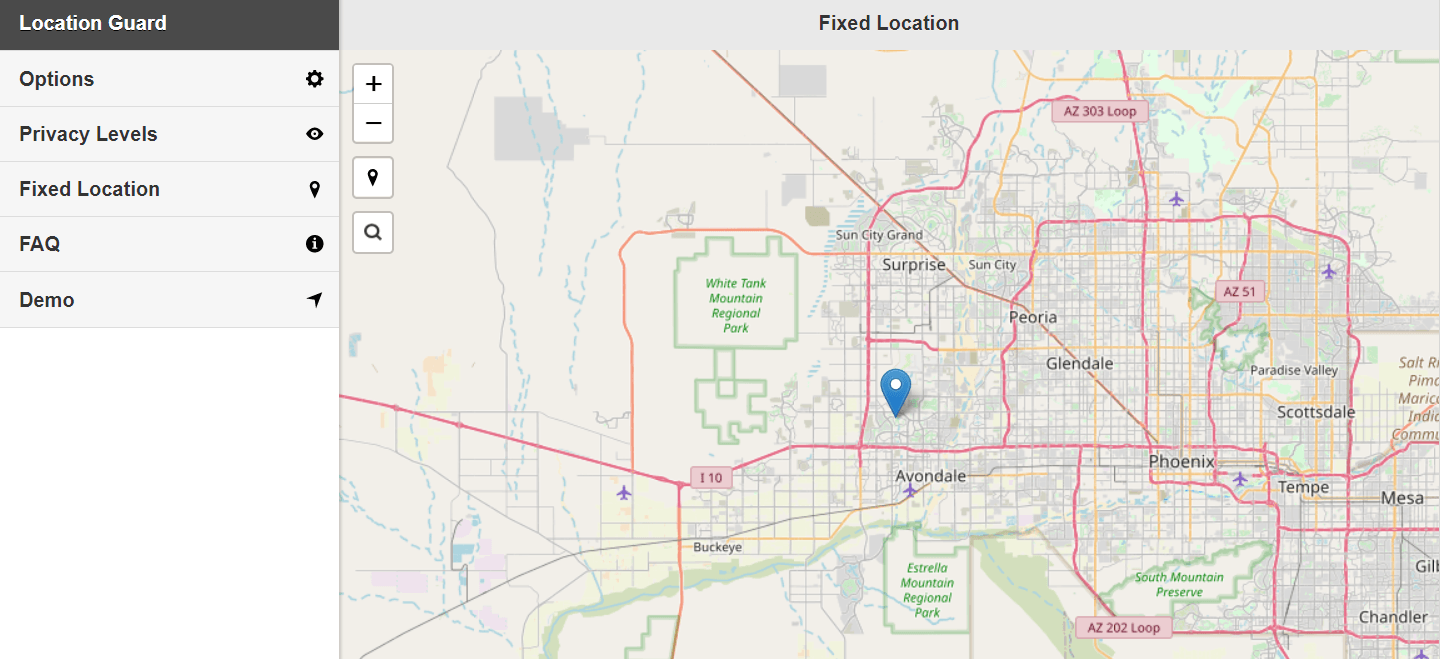 screenshot of the sample map pinpoint location in a neighborhood of Goodyear Arizona, chosen in Location Guard Fixed Location options