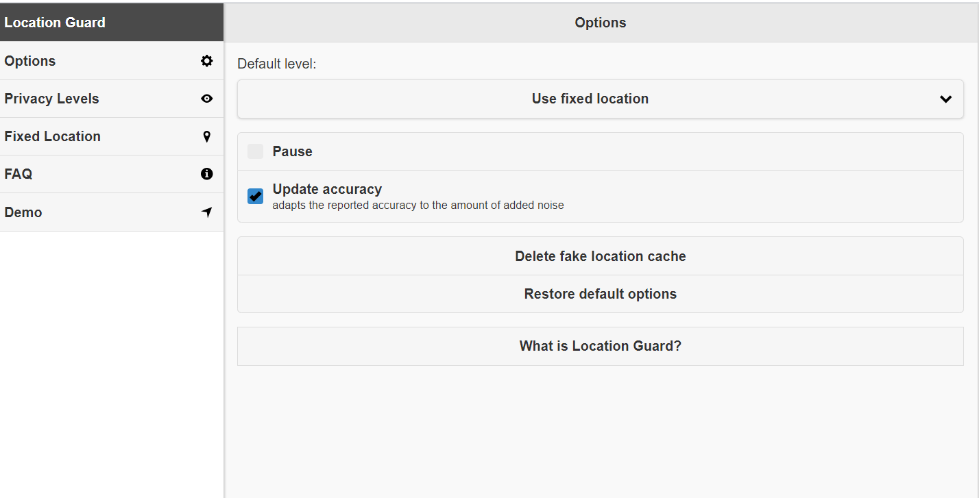 screenshot of Location Guard options - Use fixed location setting