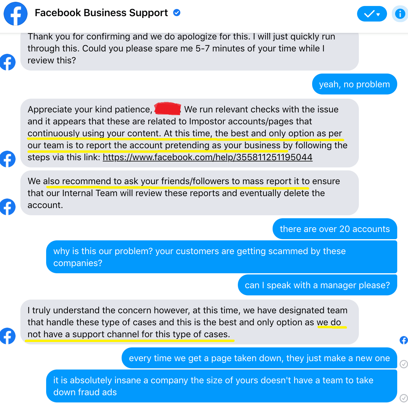 chat with Facebook Business Support about reporting imposter pages