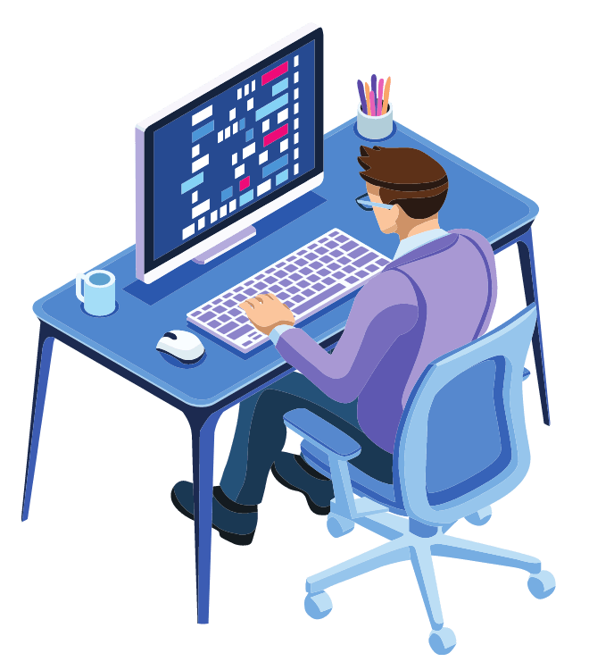 graphic of a man sitting at a desk working on a computer
