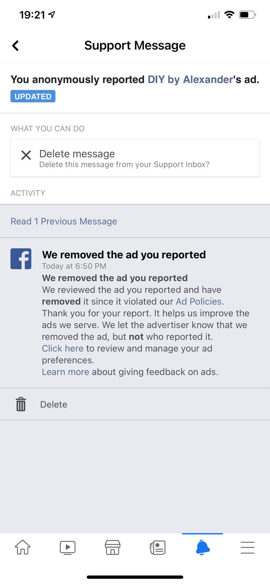 what you see when a scam ad is removed