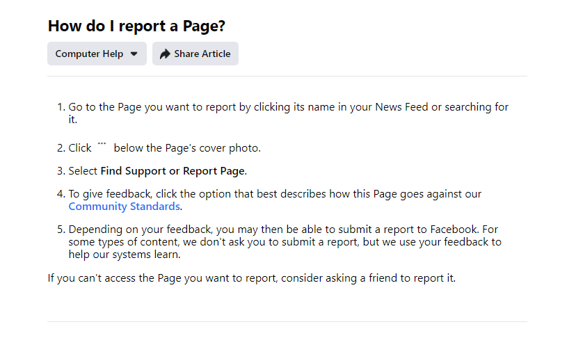 reporting a scam Facebook page