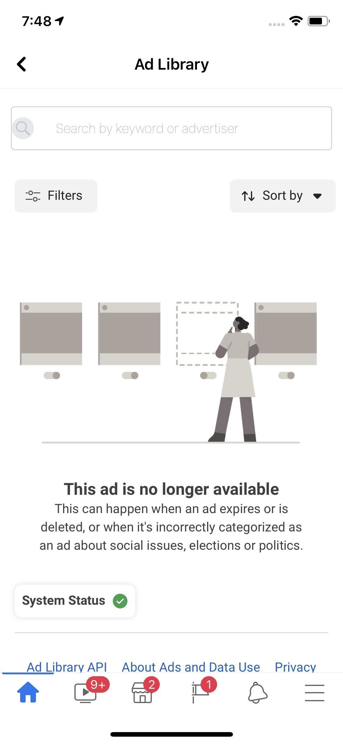 what you see when scam ad campaigns are removed from the Ad Libary