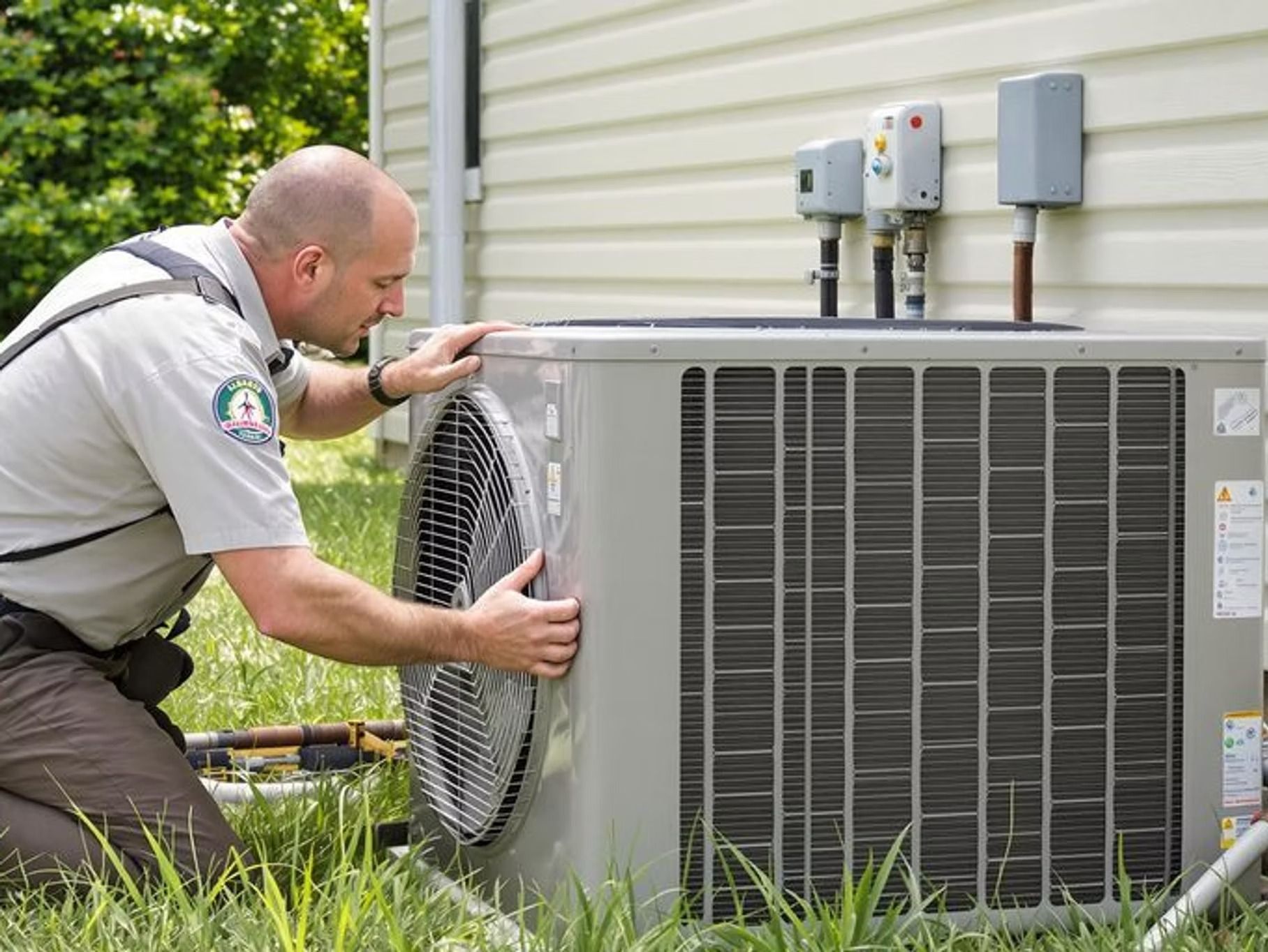 A man is working on an air conditioner outside of a house.