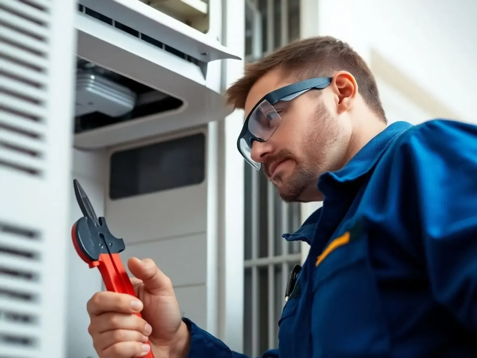 A man is working on a refrigerator with a pair of pliers.