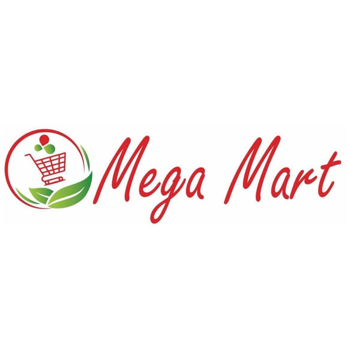 The logo for mega mart shows a shopping cart and leaves.