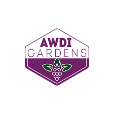 The awdi gardens logo is a purple hexagon with grapes and leaves on it.