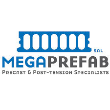A blue and white logo for mega prefab precast and post tension specialists