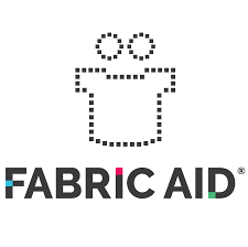 A logo for fabric aid with a picture of a gift box.