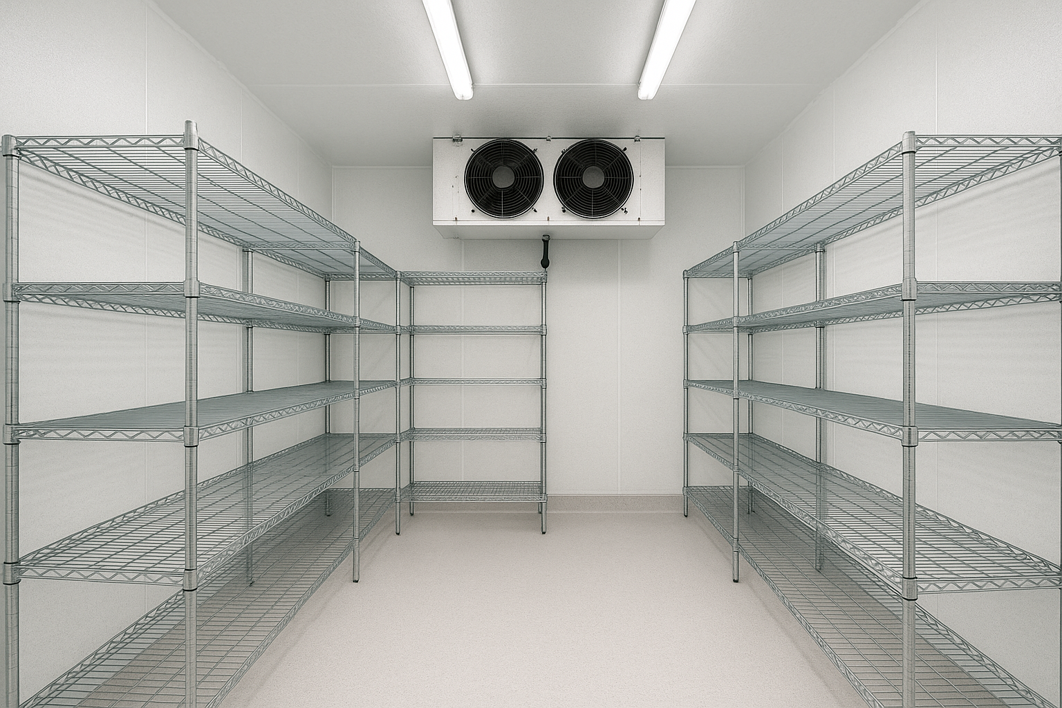 Empty commercial walk-in refrigerator with metal shelving and overhead cooling unit.