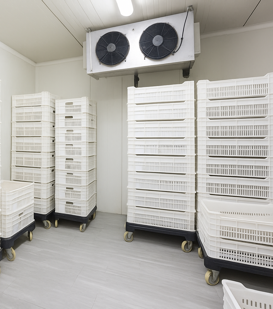 White storage crates on wheels inside a cool room, with industrial cooling unit overhead.