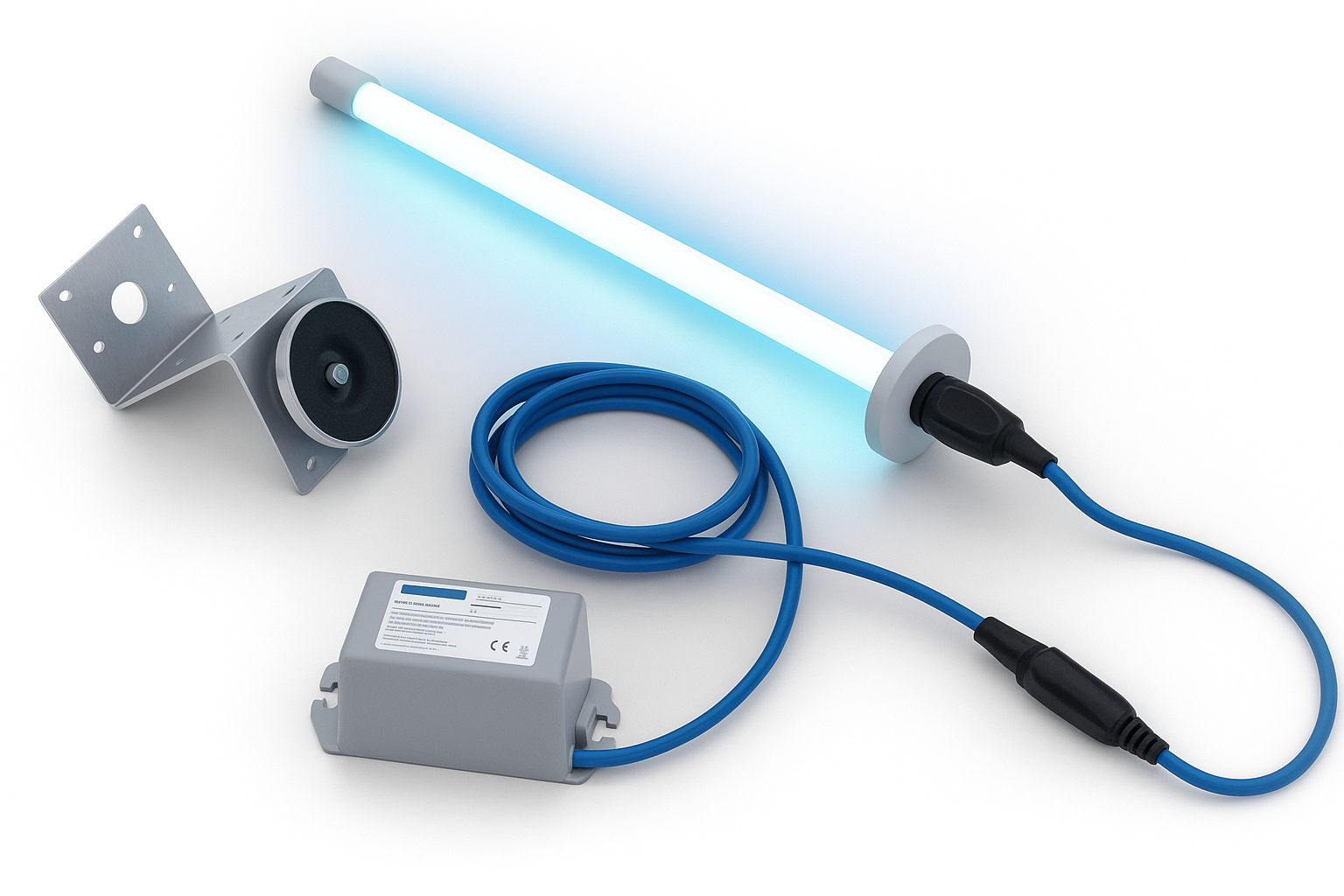 UV-C light disinfection lamp kit with bright blue tube, mounting bracket, and power supply.