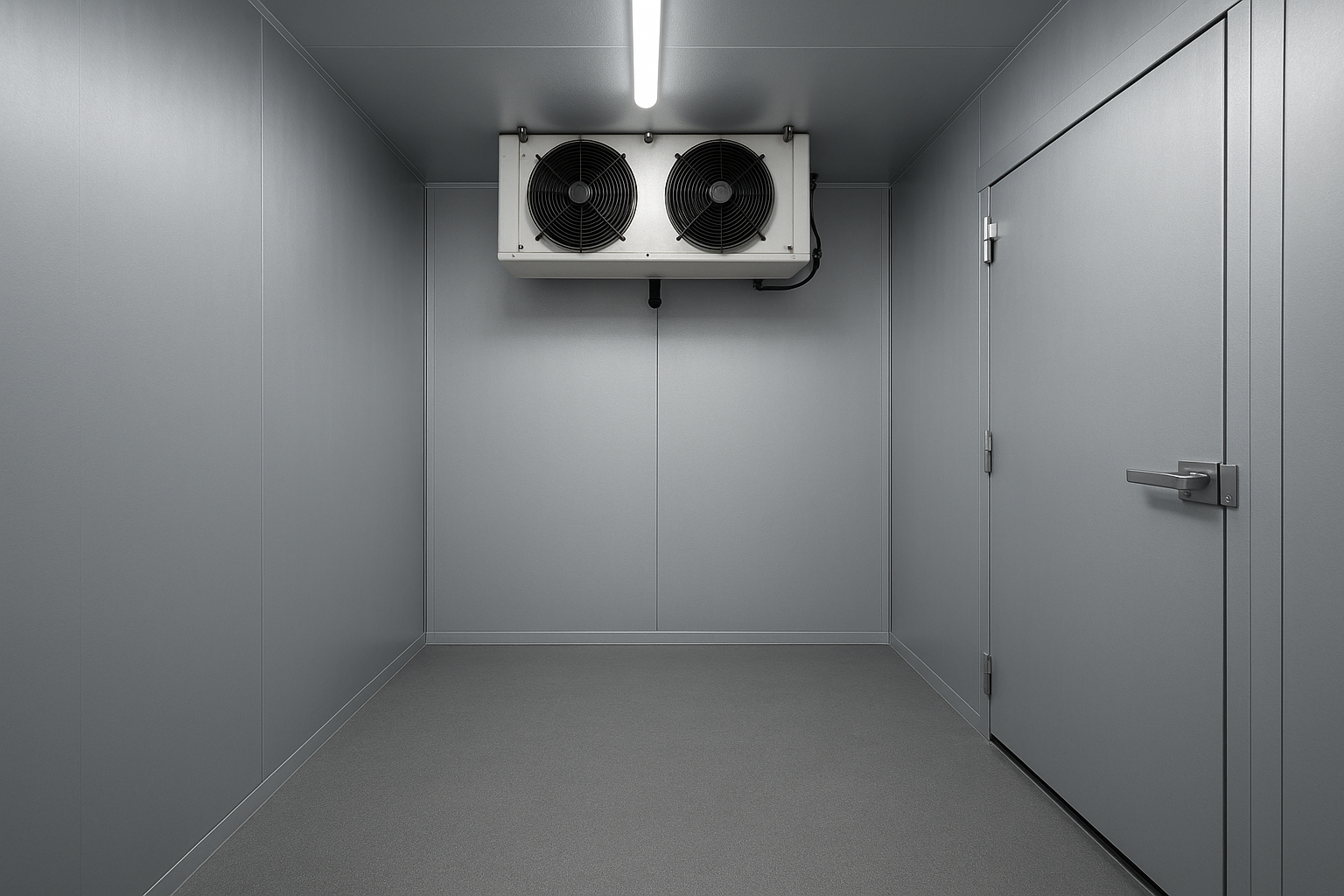 Empty commercial walk-in refrigerator with a cooling unit on the ceiling and a closed door.