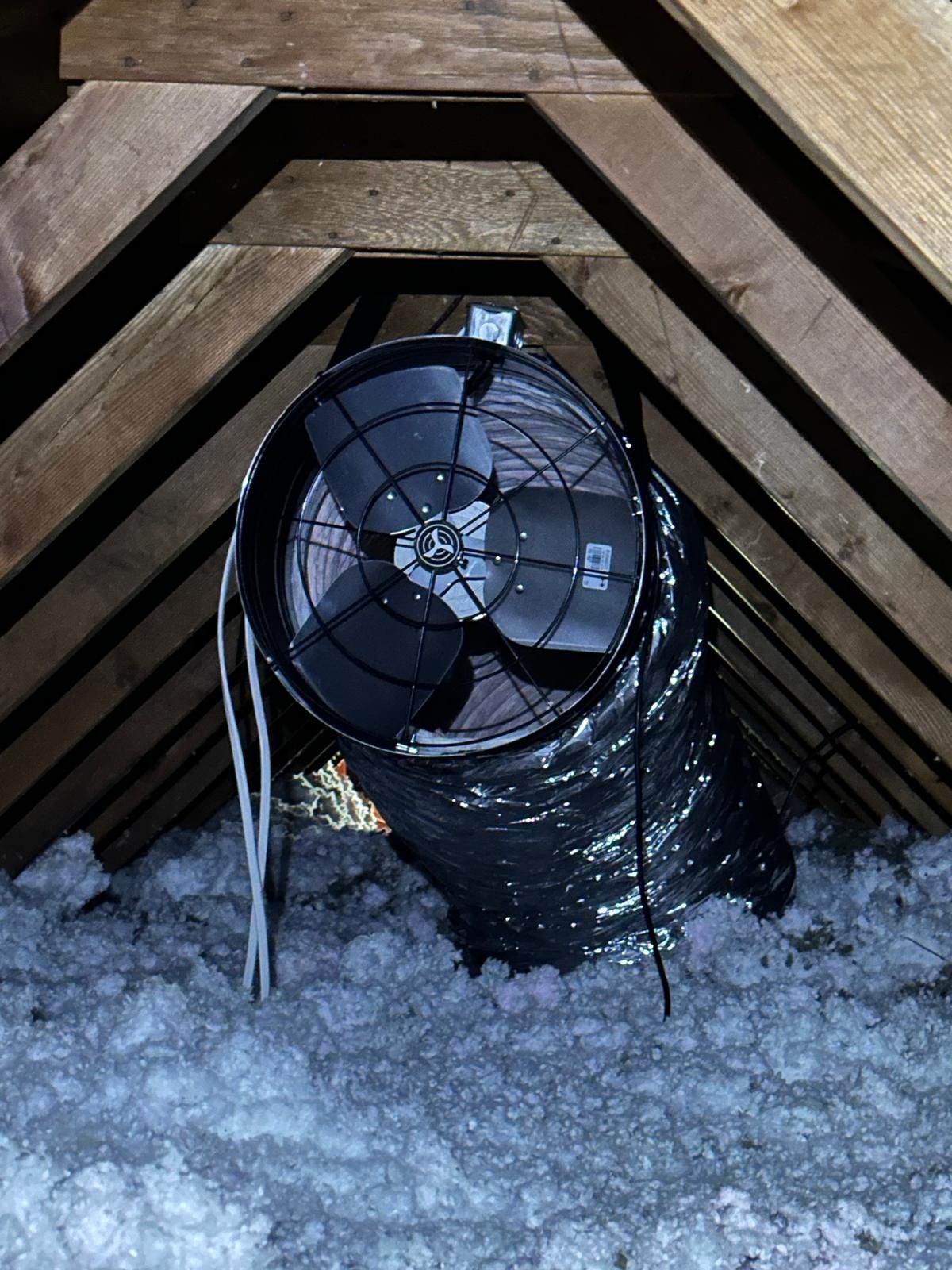 Attic with a fan and flexible ductwork amid insulation. Wooden beams form the roof structure.