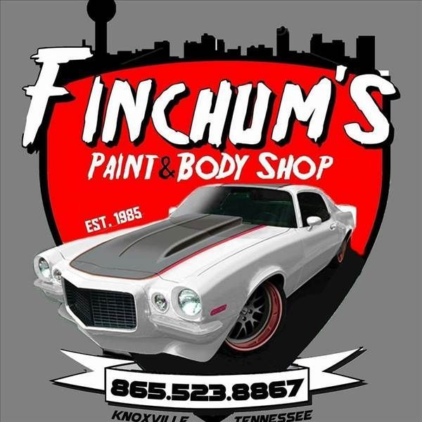 Logo for Finchum's Paint & Body Shop in Knoxville, TN, featuring a white muscle car against a red background and skyline.